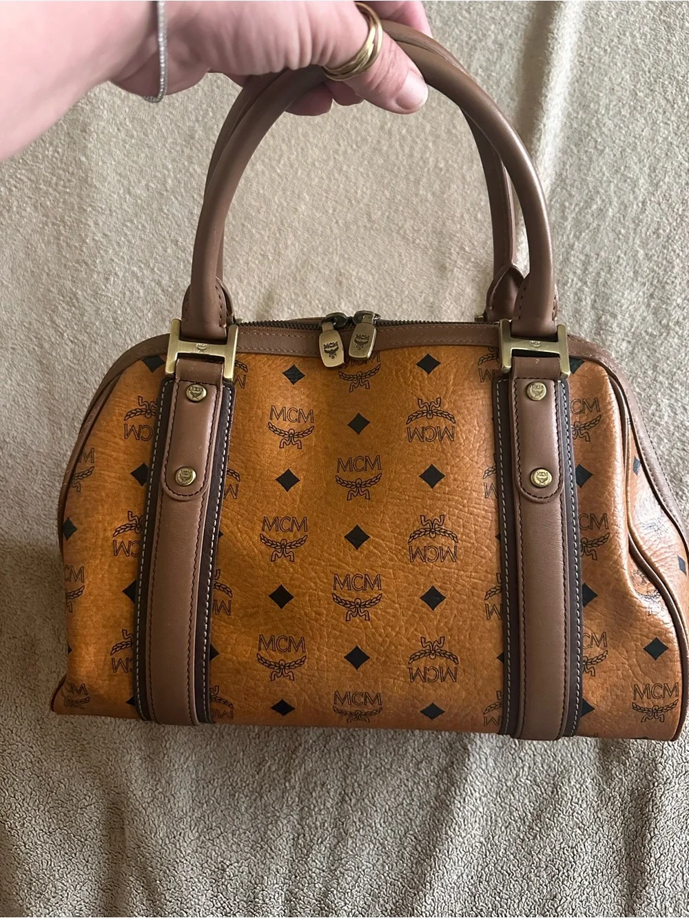 MCM Visetos Cognac Logo Satchel with Brown Trim